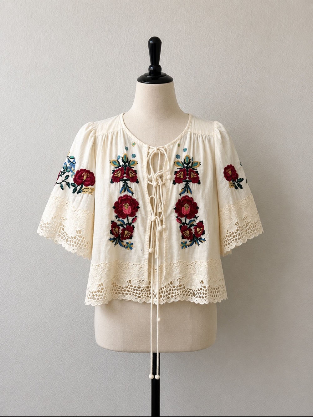 Cream Embroidered Floral Peasant Blouse with Lace Trim